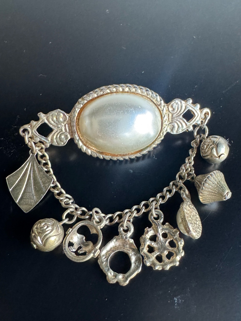 Vintage Gold-Tone Pearl Charm Brooch- Women Jewelry